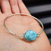 Solid Sterling Silver & Natural Larimar Handmade Bangle Bracelet