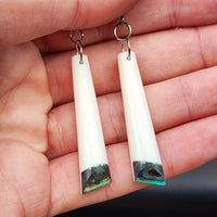 Natural Hand Carved Maori Bone Carving Earrings - Rectangle Drops With Paua Bottoms