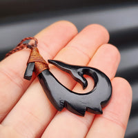 Black Stained Hand Carved Maori Bone Carving Pendant Necklace - Whale Tail Hook