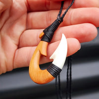 Natural Hand Carved Maori Bone Carving Pendant Necklace - Hook Wood & Bone