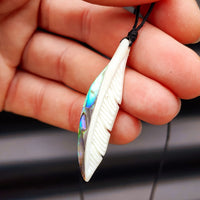 Natural Hand Carved Maori Bone Carving Pendant Necklace - Feather With Paua Inlay