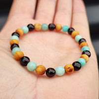 Adults Elastic Bracelet - Polished Cherry Amber & Pine Wood + Amazonite