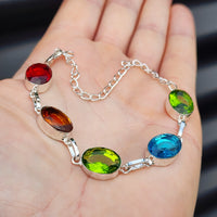 Solid Sterling Silver & Mixed Faceted Gemstones Handmade Chain Bracelet