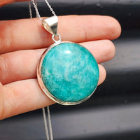 Solid Sterling Silver & Natural Amazonite Handmade Round Pendant & Chain Necklace