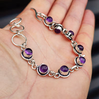 Solid Sterling Silver & Natural Amethyst Handmade Chain Bracelet