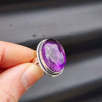 (Q) Solid Sterling Silver & Natural Amethyst Oval Handmade Solitaire Ring