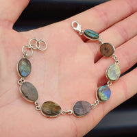 Solid Sterling Silver & Natural Labradorite Handmade Chain Bracelet