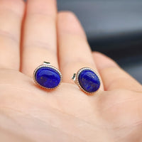 Natural Lapis Lazuli & Solid Silver Oval Stud Earrings