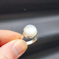 (Q) Solid Sterling Silver & Natural Round Moonstone Handmade Solitaire Ring