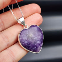 Solid Sterling Silver & Natural Lepidolite Handmade Heart Pendant Necklace