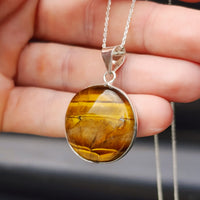 Solid Sterling Silver & Natural Tiger Eye Handmade Round Pendant Necklace