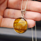 Solid Sterling Silver & Natural Tiger Eye Handmade Round Pendant Necklace