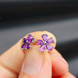 Natural Amethyst & Solid Silver Flower Stud Earrings