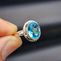 (Q) Solid Sterling Silver & Natural Blue Topaz Handmade Signet Ring