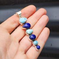 Solid Sterling Silver, Lapis Lazuli & Blue Larimar Handmade 6 Setting Pendant Necklace