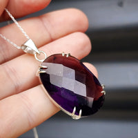 Solid Sterling Silver & Natural Amethyst Handmade Claw Oval Pendant Necklace