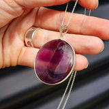 Solid Sterling Silver & Natural Amethyst Handmade XL Round Pendant & Chain Necklace