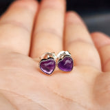 Natural Amethyst & Solid Silver Heart Stud Earrings