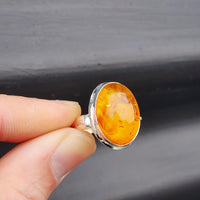 (T) Solid Sterling Silver & Natural Baltic Amber Handmade Oval Solitaire Ring