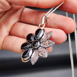 Solid Sterling Silver & Natural Black Onyx Handmade Flower Necklace