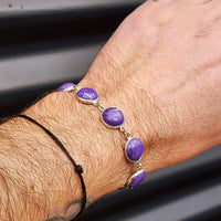 Solid Sterling Silver & Natural Charoite Handmade Chain Bracelet