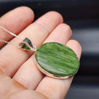 Solid Sterling Silver & Natural Nephrite Greenstone Handmade Round Pendant Necklace