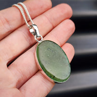 Solid Sterling Silver & Natural Nephrite Greenstone Handmade Oval Pendant Necklace