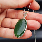 Solid Sterling Silver & Natural Nephrite Greenstone Handmade Oval Pendant Necklace