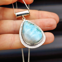 Solid Sterling Silver & Natural Blue Larimar Handmade Rustic Pear Shaped Necklace