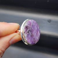 (O) Solid Sterling Silver & Natural Lepidolite Handmade Round Solitaire Ring