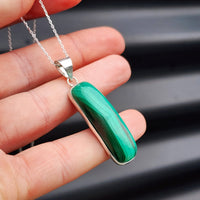 Solid Sterling Silver & Natural Malachite Handmade Rectangle Pendant & Chain Necklace