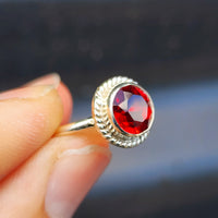 (O) Solid Sterling Silver & Red Zircon Stone Handmade Solitaire Ring