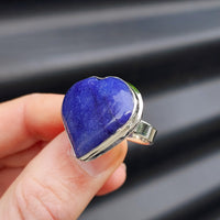 (Q) Solid Sterling Silver & Rustic Natural Blue Quartz Heart Handmade Signet Ring