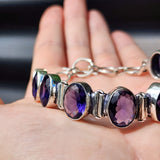 Solid Sterling Silver & Natural Amethyst Handmade Chain Bracelet