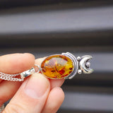 100% Solid Sterling Silver & Natural Amber Handmade Sun & Moon Necklace