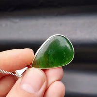 Solid Sterling Silver & Natural Nephrite Greenstone Handmade Pear Pendant Necklace