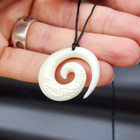 Natural Hand Carved Maori Bone Carving Pendant Necklace - Etched Koru