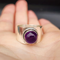 (T) Solid Sterling Silver & Natural Amethyst Wide Band Cuff Handmade Ring