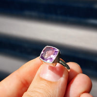 (Q) Solid Sterling Silver & Square Rustic Amethyst Stone Handmade Solitaire Ring