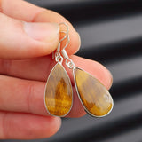 Solid Sterling Silver & Natural Tiger Eye Handmade Hanging Hook Earrings