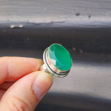 (Q) Solid Sterling Silver & Natural Emerald Handmade Solitaire Ring