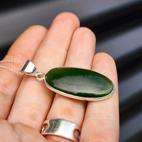 Solid Sterling Silver & Natural Nephrite Greenstone Handmade Oval Pendant Necklace