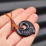 Black Stained Hand Carved Maori Bone Carving Pendant Necklace - Hook Carving