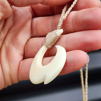 Natural Hand Carved Maori Bone Carving Pendant Necklace - Hook With Tan Binding