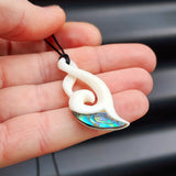 Natural Hand Carved Maori Bone Carving Pendant Necklace - Koru Twist With Paua Inlay