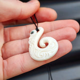 Natural Hand Carved Maori Bone Carving Pendant Necklace - Manaia With Paua Inlay