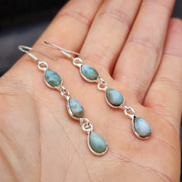 Rustic Solid Sterling Silver & Natural Larimar Handmade Hanging Hook Earrings