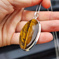 Solid Sterling Silver & Natural Tiger Eye Handmade Oval Pendant & Chain Necklace