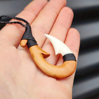 Natural Hand Carved Maori Bone Carving Pendant Necklace - Hook Wood & Bone