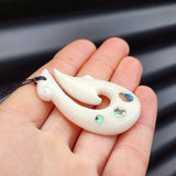 Natural Hand Carved Maori Bone Carving Pendant Necklace - Hook With Paua Inlay